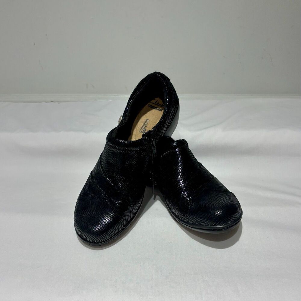 Clarks Collection Black Snakeskin Wedge Loafers  Size 9
